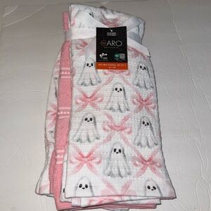 New Caro Set of 3 Kitchen Towels 100% Cotton 18 x 28” Halloween Ghost Pink Bows